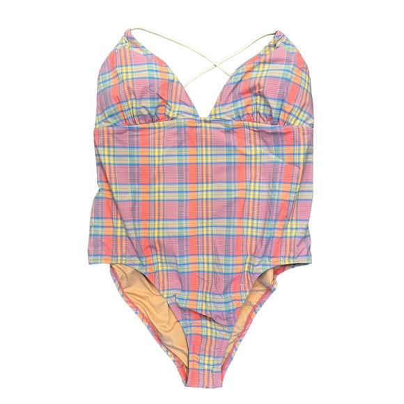 J. Crew NWT Strappy Cross-Back One Piece Swimsuit Sunset Plaid Size 20 Pink - Picture 6 of 13